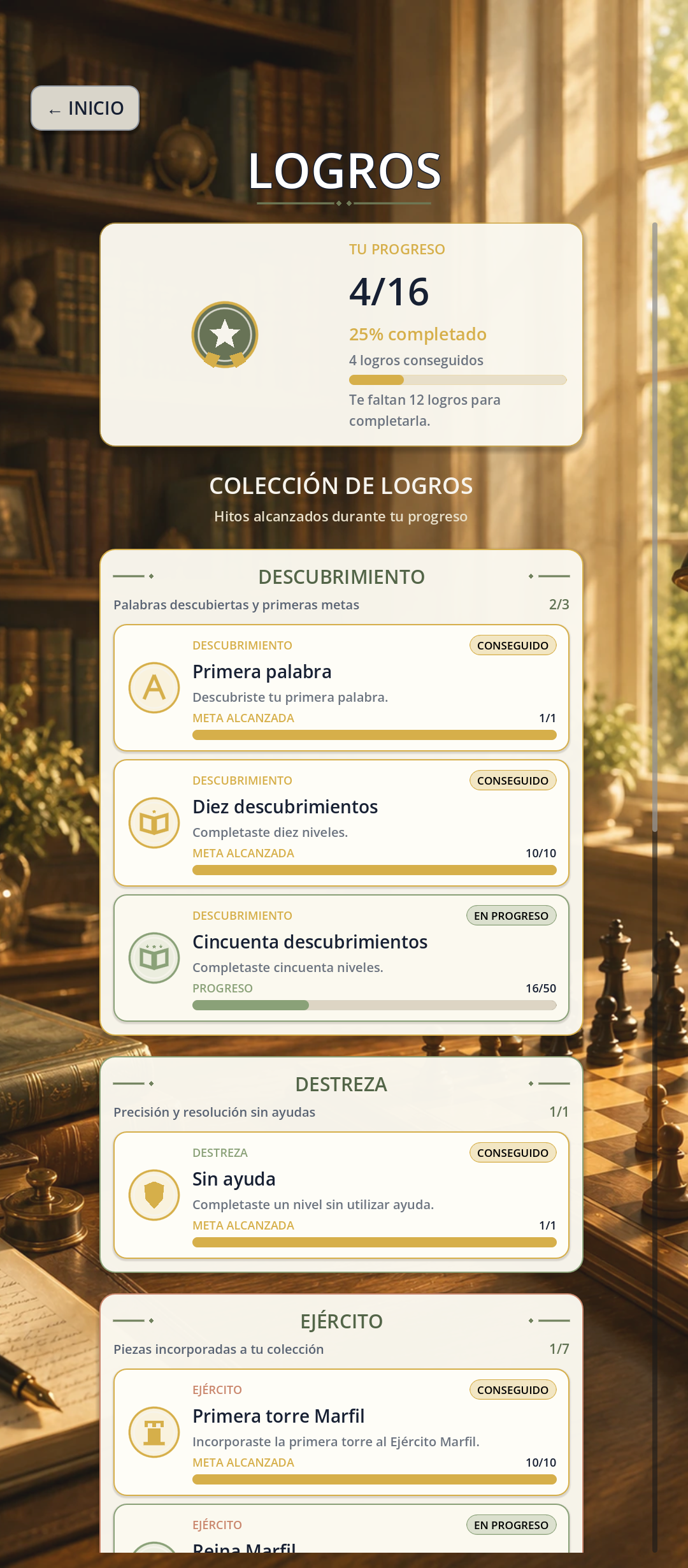 Pantalla de logros de Ajeletras